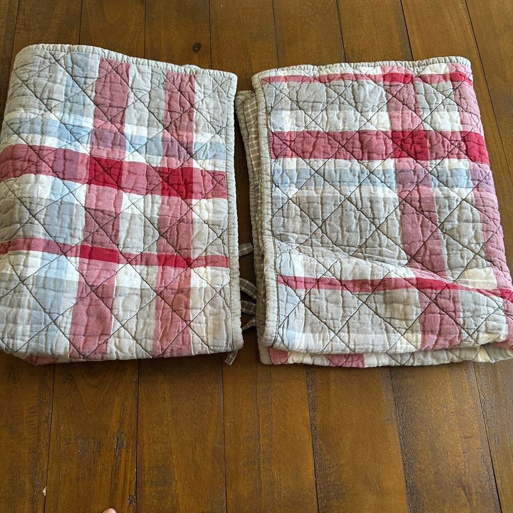 Pottery Barn Set of 2 Red Gray Quilted Plaid Cotton Pillow Shams Standard
